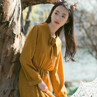Long-sleeve Bow Neck Pleated Midi Dress