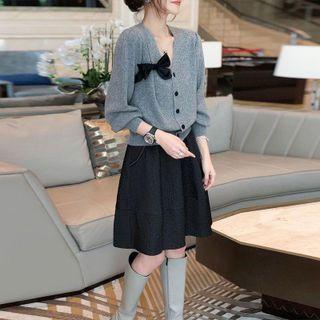 Set: V-neck Bow Cardigan + Plain Midi A-line Skirt