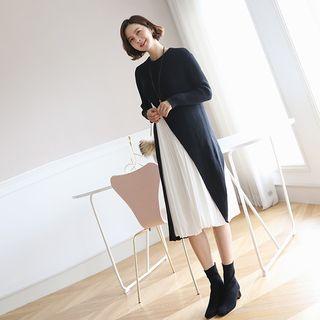Set: Slit-trim Long Knit Top + Pleated Tank Dress