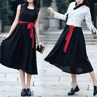 Lettering Long-sleeve Hanfu Top/ Sleeveless Tie-waist Midi A-line Dress/ Embroidered Beret