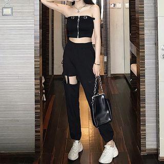 Cropped Zip Tube Top / Cutout Straight Leg Pants