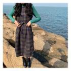 Long-sleeve Round Neck Top / Plaid Overall Dress