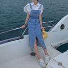 Short-sleeve Plain Shirt / Front-slit Denim Midi Overall Dress