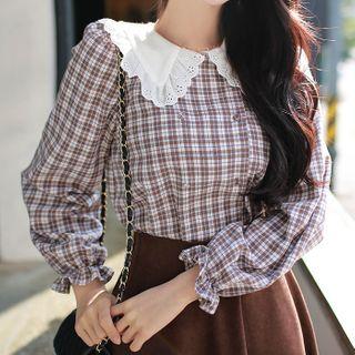 Lace-collar Double-breasted Plaid Blouse