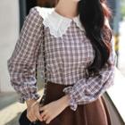 Lace-collar Double-breasted Plaid Blouse