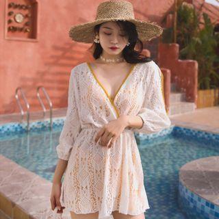 Set: Wrap Bikini Top + Swim Shorts + Lace Cover Up