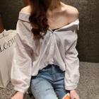 Striped 3/4-sleeve Bow-back Blouse