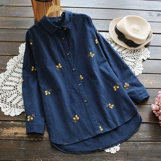 Flower Embroidered Shirt Dark Blue - One Size