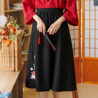 Japanese Style Embroidered Midi Skirt