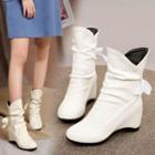 Faux Leather Back Ribbon Hidden Wedge Ankle Boots