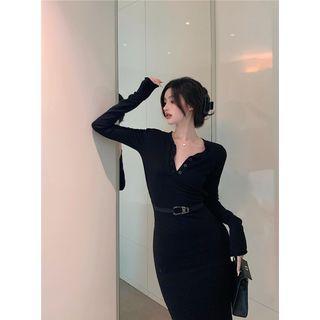Long-sleeve Open Back Sheath Dress Dress - Black - One Size