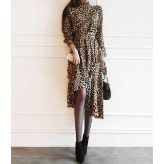 Frilled-neck Leopard Midi Dress With Belt Brown - M