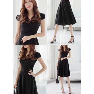 Shawl-collar Shirred-waist Midi Flare Dress
