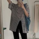 Short-sleeve Side-slit Striped T-shirt / Boot-cut Pants