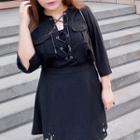 3/4-sleeve Lace Up Blouse / Mini A-line Skirt