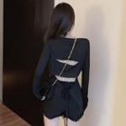 Long-sleeve Distressed Drawstring Open Back Tee
