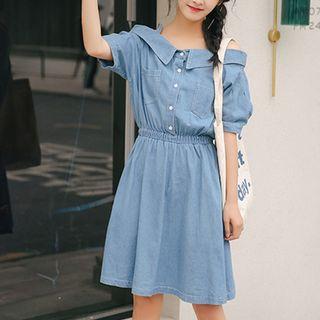 Cold-shoulder A-line Denim Dress