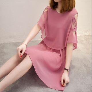 Cape-sleeve Cutout Chiffon Mini A-line Dress
