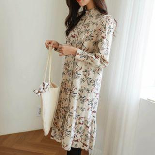 Mandarin-collar Frilled Floral Midi Shirtdress