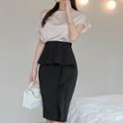 Set: Asymmetric Neckline Short-sleeve Blouse + Midi Pencil Skirt