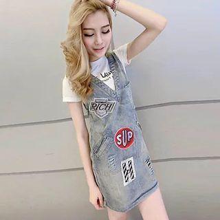 Embroidered Distressed Denim Overall Dress
