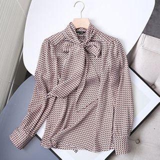 Printed Bow-neck Long-sleeve Blouse