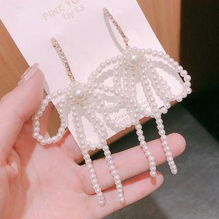 Circle Ring Bow Pearl Earring  - Circle Ring Pearl Tassel