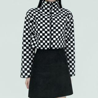 Plaid Zip-up Turtle Neck Long Sleeve Jacket