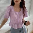 Short-sleeve Eyelet Lace Buttoned Crop Top