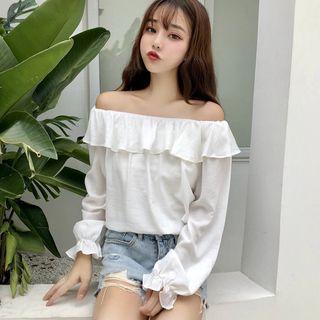 Off-shoulder Long-sleeve Chiffon Top / Mock Turtleneck Striped Long-sleeve Top
