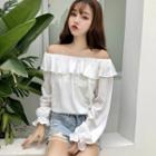 Off-shoulder Long-sleeve Chiffon Top / Mock Turtleneck Striped Long-sleeve Top