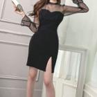 Puff-sleeve Paneled A-line Mesh Dress