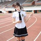 Set: Contrast Trim Short Sleeve Shirt + Neck Tie + Pleated Skirt / Set: Short Sleeve Shirt + Neck Tie + Pants