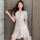 Short-sleeve Drawstring Fringed Mini A-line Dress