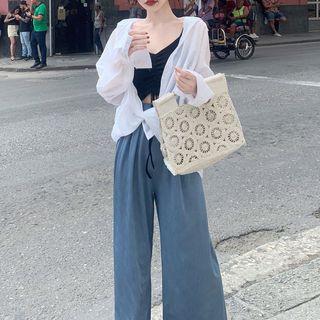 Spaghetti Strap Drawstring Top / Wide-leg Pants / Long-sleeve Shirt