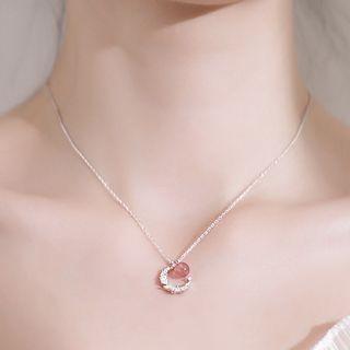 Moon Rhinestone Faux Crystal Necklace Pink & Silver - One Size