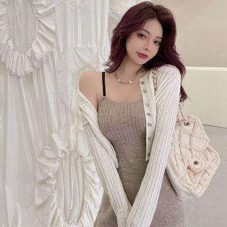 Plain Cardigan / Spaghetti Strap Knit Midi Dress