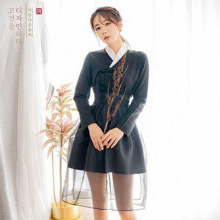 Modern Hanbok Set: Contrast-trim Top & Mini Skirt & Chiffon Skirt