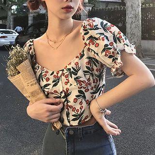 Cherry Print Puff-sleeve Crop Top White - One Size