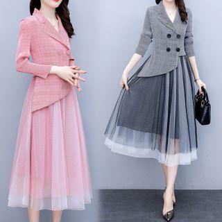 Long-sleeve Mock Two-piece Midi Collared Dress