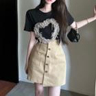 Short-sleeve Mesh Heart T-shirt / A-line Skirt