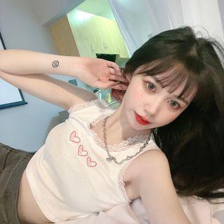 Lace Trim Heart Embroidered Tank Top Heart Embroidery - White - One Size