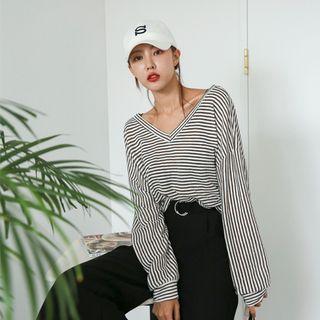V-neck Long-sleeve Stripe Pullover