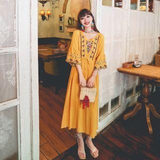 Bell-sleeve Flower Embroidered Midi A-line Dress