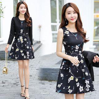Set: Floral Print A-line Tank Dress + Bolero Jacket