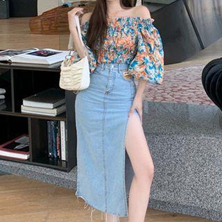 Off-shoulder Floral Print Smocked Blouse / A-line Denim Skirt