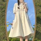 Short-sleeve Ruffle Trim Blouse / Collared Flower Embroidered Midi Overall Dress/ Set