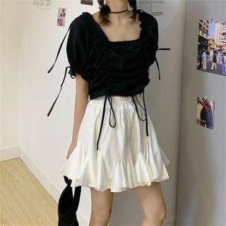 Puff-sleeve Square-neck Crop Top / A-line Mini Skirt