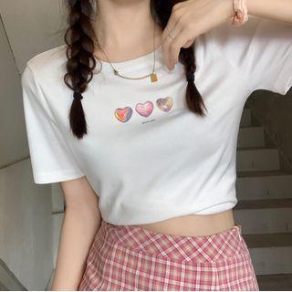 Short-sleeve Heart Print T-shirt / High-waist Plaid A-line Mini Skirt