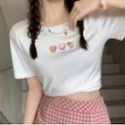 Short-sleeve Heart Print T-shirt / High-waist Plaid A-line Mini Skirt